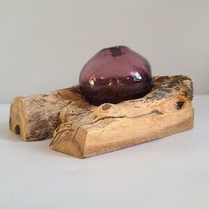 Purple plum vase on driftwood stand artisan handmade mouth blown art glass mcm